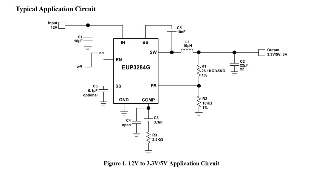 EUP3284H/G 12V至3.3V/5V典型应用电路图
